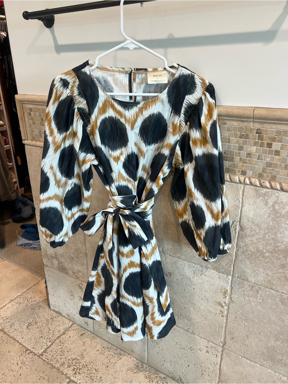 Maeve Black, White & Gold Spot Wrap Mini Dress with Puff Sleeves